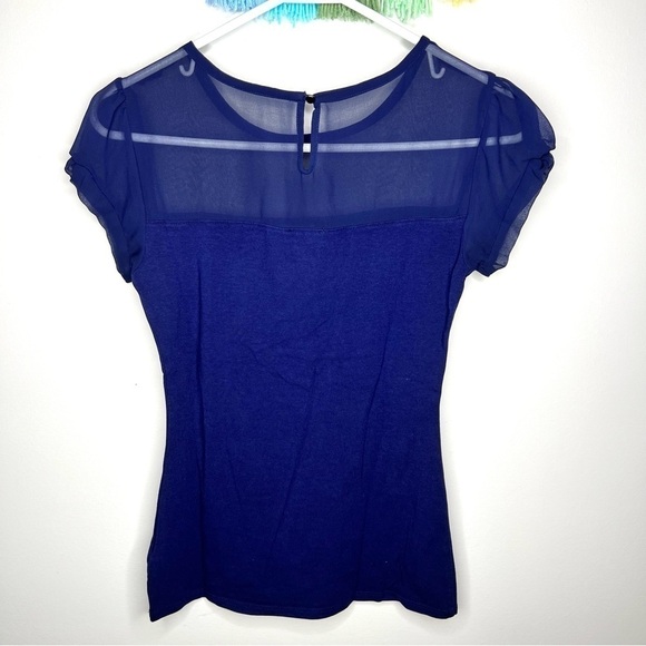 Express Blue Short Sleeve Mesh Formal Dressy Business Casual Blouse Extra Small - Picture 2 of 14